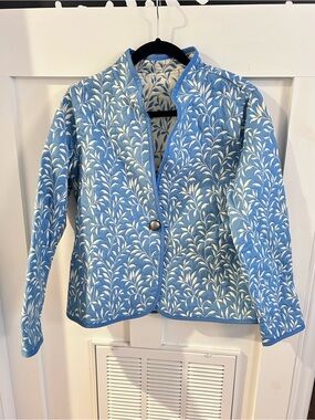 Trimdin Reversible Quilted Floral Jacket Blue White Stand Collar Size M/L